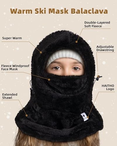 HAITHO Kids Ski Mask Balaclava for Boys Girls, 2 Size Thermal Fleece Winter Face Mask Hat for 2-12 Kids Toddler, Warm Balaclava Hood Neck Scarf for Cold Weather Skiing Cycling Daily Use-02 Khaki - Image 2
