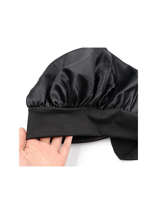 Zaboon بونيه ساتان للنساء للنوم، قبعة شعر عريضة قابلة للتعديل، قبعة رأس من الحرير المرن، قبعة ليلية للشعر المجعد، لون أسود - Image 2