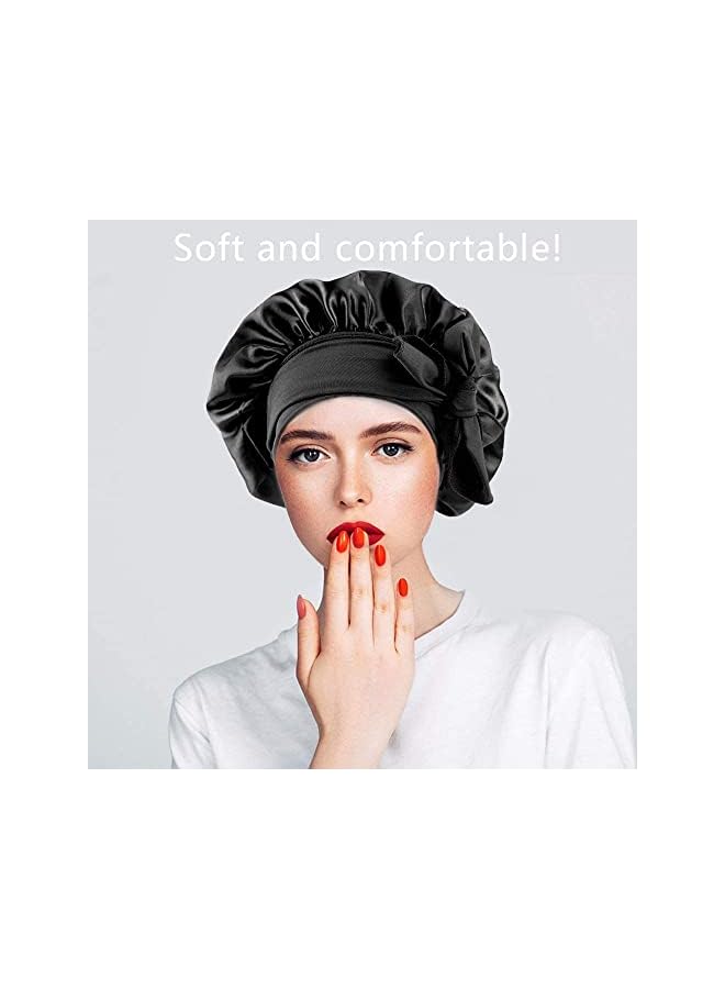 Zaboon بونيه ساتان للنساء للنوم، قبعة شعر عريضة قابلة للتعديل، قبعة رأس من الحرير المرن، قبعة ليلية للشعر المجعد، لون أسود - Image 3