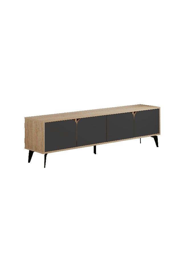 Mourah Home Spark Tv Stand Cabinet With Metal Legs Up to 70'' Inch TV| TV Stand 4 Door| TV Console| 180x35.6x35 Cm (Oak/Black)- 2 Years Warranty - Image 4