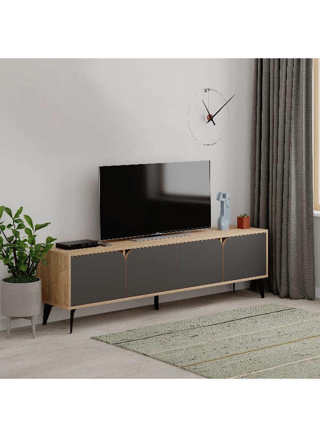 Mourah Home Spark Tv Stand Cabinet With Metal Legs Up to 70'' Inch TV| TV Stand 4 Door| TV Console| 180x35.6x35 Cm (Oak/Black)- 2 Years Warranty - Image 3