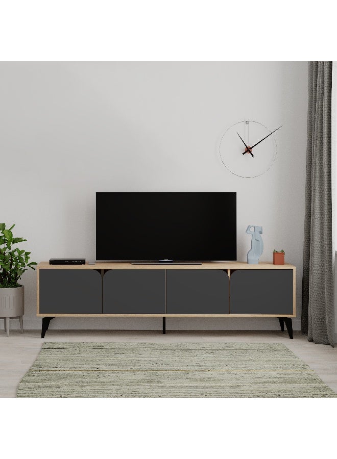 Mourah Home Spark Tv Stand Cabinet With Metal Legs Up to 70'' Inch TV| TV Stand 4 Door| TV Console| 180x35.6x35 Cm (Oak/Black)- 2 Years Warranty - Image 1
