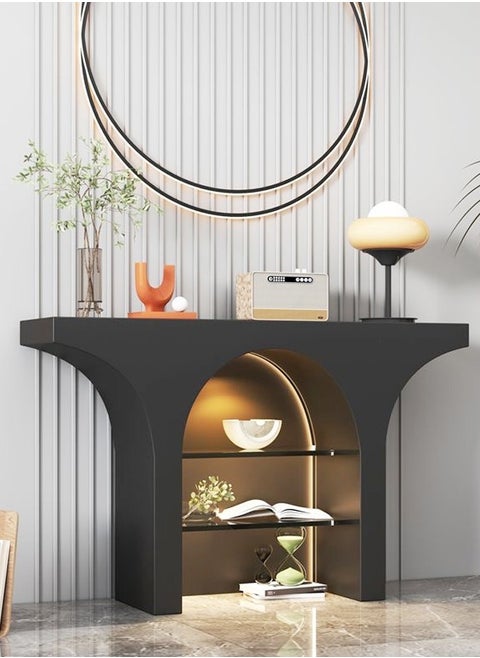 Classic Dome Shape Design Solid Wood Console Table 3 Tiers Storage Glass Shelves Entryway Table Display Table Storage Shelves with Decoration Lights Pedestal for Foyer Living Room Home Offices 100x25x85 cm (Fully Assembled)