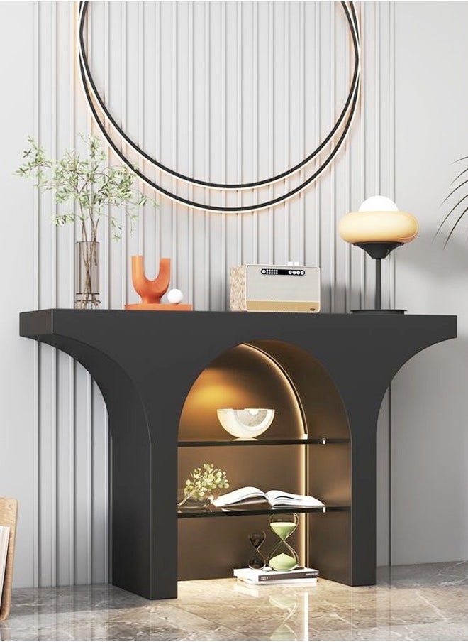 fashionhome - Classic Dome Shape Design Solid Wood Console Table 3 Tiers Storage Glass Shelves Entryway Table Display Table Storage Shelves with Decoration Lights Pedestal for Foyer Living Room Home Offices 100x25x85 cm (Fully Assembled) - Image 1