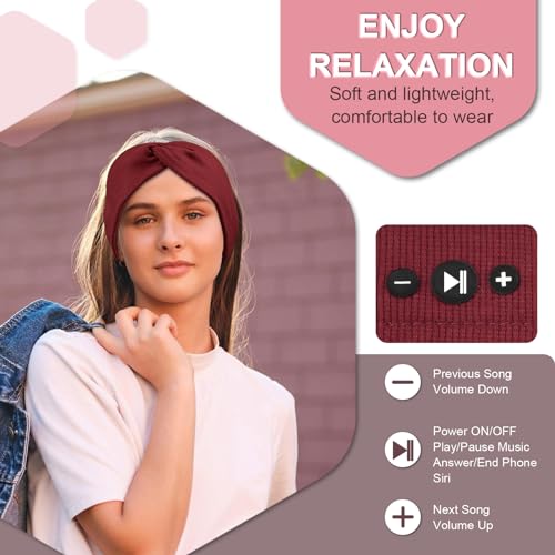 BULYPAZY 2-Pack Headband Headphones with Thin HD Speakers, Bluetooth Headband for Women, Stylish Knotted Design, Wireless Bluetooth Headphones for Workout, Daily Life, Yoga, Travel, Meditation - Red&Black - Image 4
