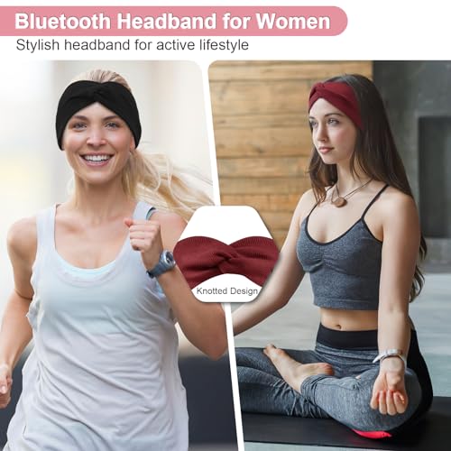 BULYPAZY 2-Pack Headband Headphones with Thin HD Speakers, Bluetooth Headband for Women, Stylish Knotted Design, Wireless Bluetooth Headphones for Workout, Daily Life, Yoga, Travel, Meditation - Red&Black - Image 3