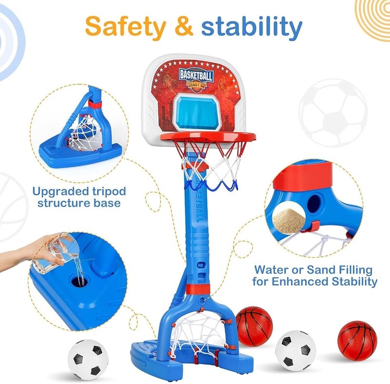 Goreem Toddler Basketball Hoop Outdoor Play Sports Activity Toys,Adjustable Mini Kids Basketball & Soccer Goal with4Balls & Ball Pumps for Indoor, Outdoor, Pool, Sports, Birthday Gifts for Children - Image 3