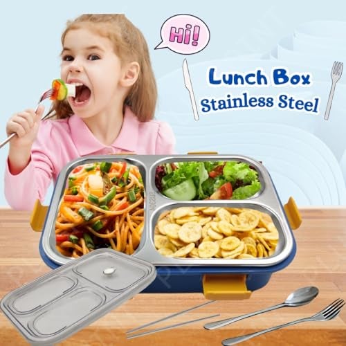 PLUSPOINT Bento Lunch Box Insulated Air Tight Lunch Box And Portable Utensils, Stainless Steel Lunch Containers, Leak Proof Bento Box For Kids, Adults, Men Women (3 Compartment-Blue), 750Ml - Image 3