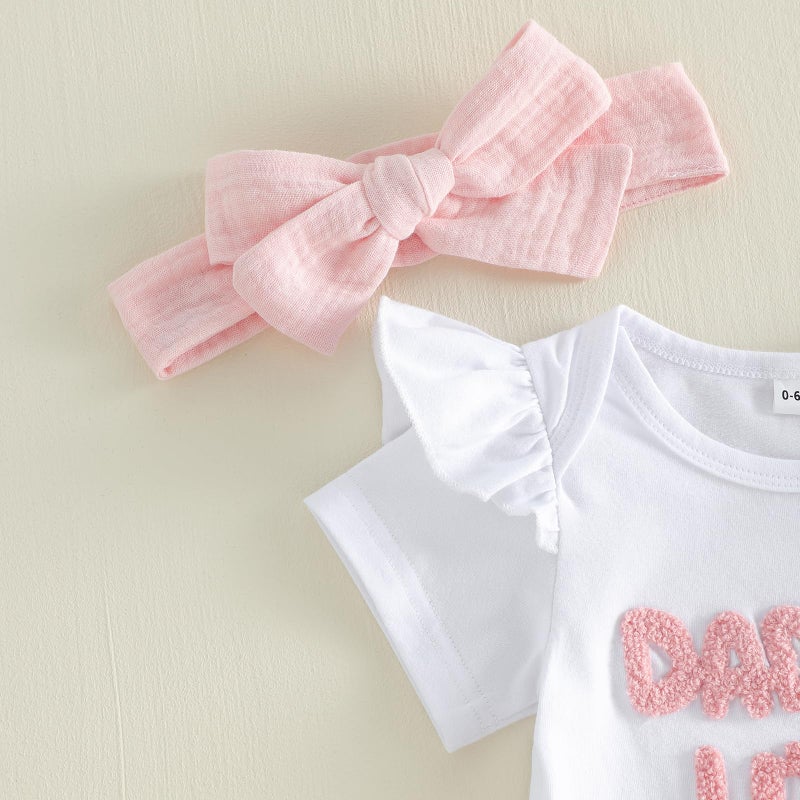 wybzd Daddys Little Girl Baby Clothes Short Sleeve Embroidery Romper Bow Pants Set Infant Newborn Daddy Girls Outfits (White, 3-6 Months) - Image 5