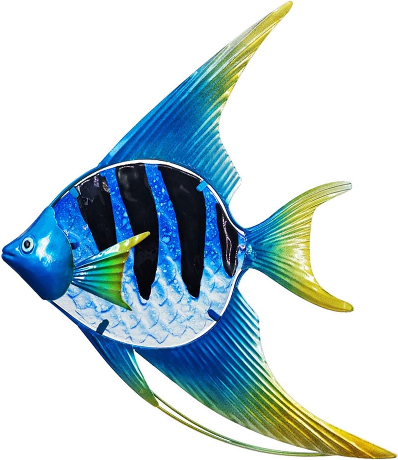 John's Studio Store Angel Fish Sea Wall Decor Outdoor Metal Garden Hanging Art Glass Sculptures Home Ocean Theme Decorations for Kitchen Bathroom and Pool - Blue - Image 1