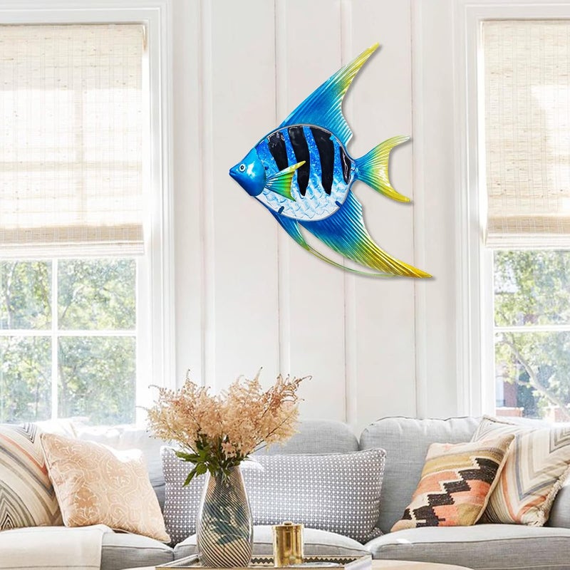 John's Studio Store Angel Fish Sea Wall Decor Outdoor Metal Garden Hanging Art Glass Sculptures Home Ocean Theme Decorations for Kitchen Bathroom and Pool - Blue - Image 4