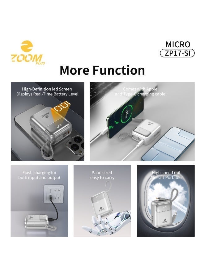 ZOOM PLUS MICRO ZP17 Power Bank 10000mAh | 22.5W PD Fast Charging | Built-in Dual Cables | Digital Display | Ultra-Compact Portable Power Bank - Image 3