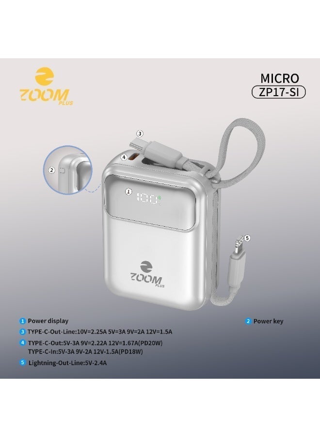 ZOOM PLUS MICRO ZP17 Power Bank 10000mAh | 22.5W PD Fast Charging | Built-in Dual Cables | Digital Display | Ultra-Compact Portable Power Bank - Image 2