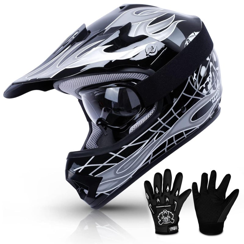 TCMT Dot Youth Kids Motocross Offroad Street Helmet Black Skull Motorcycle Youth Helmet Dirt Bike Motocross ATV HelmetGogglesGloves M