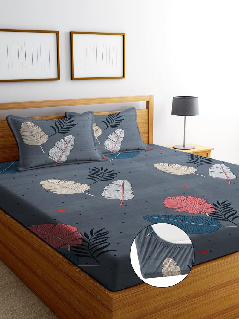 DECORUM Glace Cotton Fitted Bedsheet with 2 Pillow Cover (Grey) - Image 2