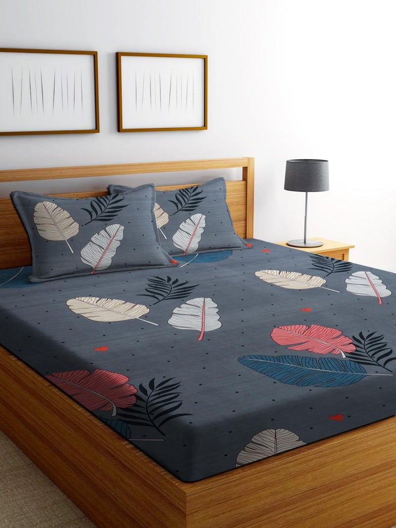 DECORUM Glace Cotton Fitted Bedsheet with 2 Pillow Cover (Grey) - Image 5