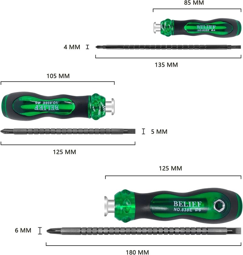 Yalin 3-Piece Ratchet Telescopic Screwdriver, Double-Head Magnetic Ratcheting Screw Driver, Adjustable Rod Length, The Tip of the Rod are Slotted and Phillips, Industrial Strength, Easy to Load - Image 2