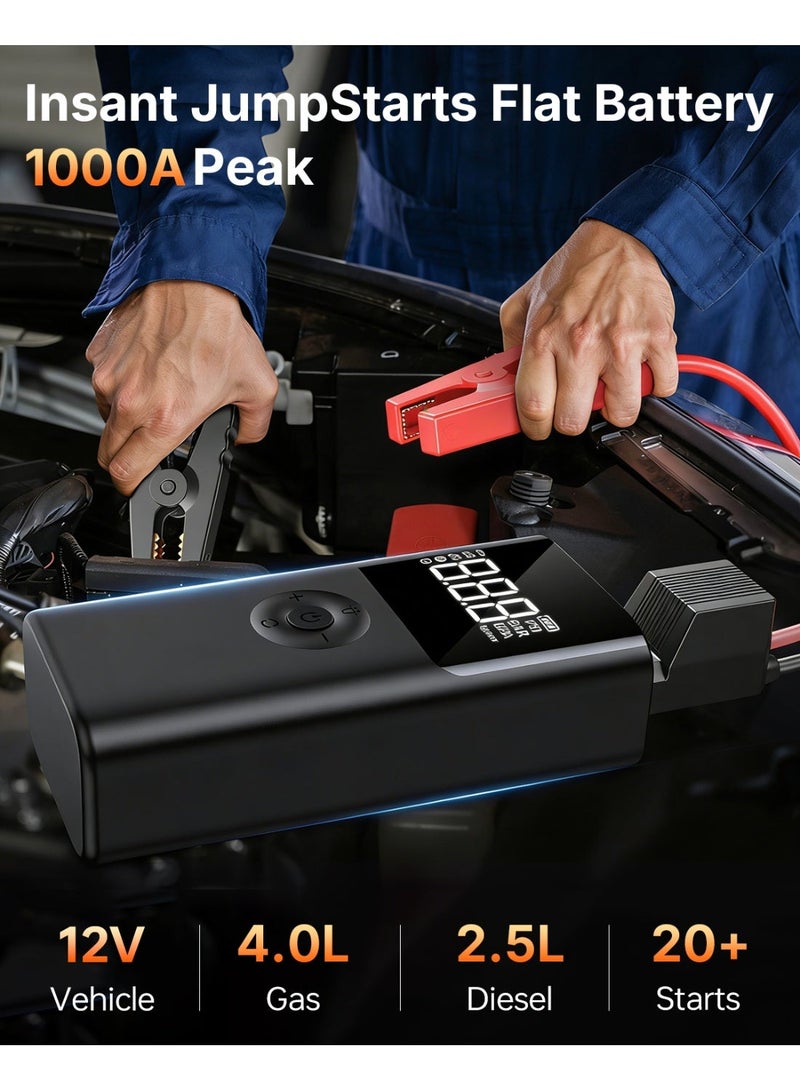 SUPER 5 1000A Car Jump Starter with Air Compressor, 150PSI Tire Inflator,12V Battery Booster for ALL Gas/10L Diesel, LED Portable Pack - Image 2