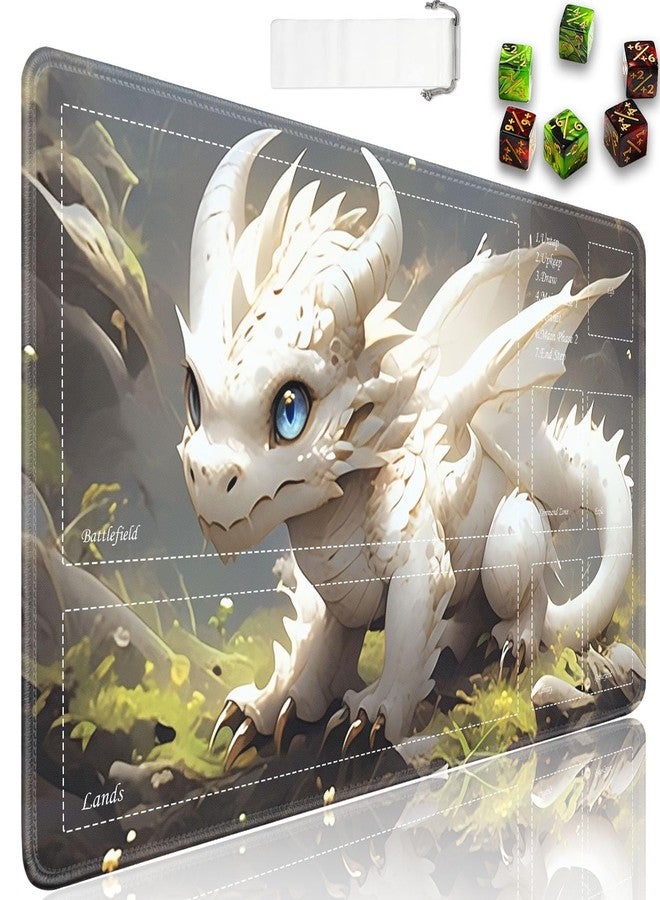 JVGFYNKL for TCG Playmat, Playmat with Zones, 24x14 in Non-Slip Rubber for MTG Playmat with Drawstring Travel Pouch and 6 Dice, White and Gold Baby Dragon for MTG Mat, Card Game Playmats - Image 1