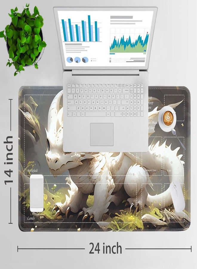 JVGFYNKL for TCG Playmat, Playmat with Zones, 24x14 in Non-Slip Rubber for MTG Playmat with Drawstring Travel Pouch and 6 Dice, White and Gold Baby Dragon for MTG Mat, Card Game Playmats - Image 2