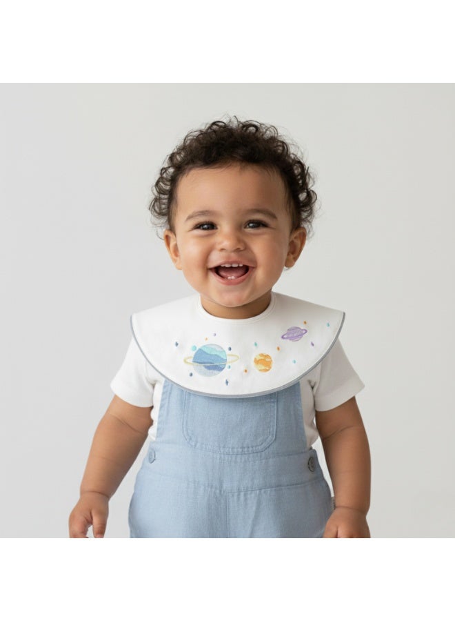 Premium Embroidered Cotton Baby Bib with Planet and Space Design - Waterproof Adjustable Drool Bib, Rolled Edge for Elegant Protection - Image 1