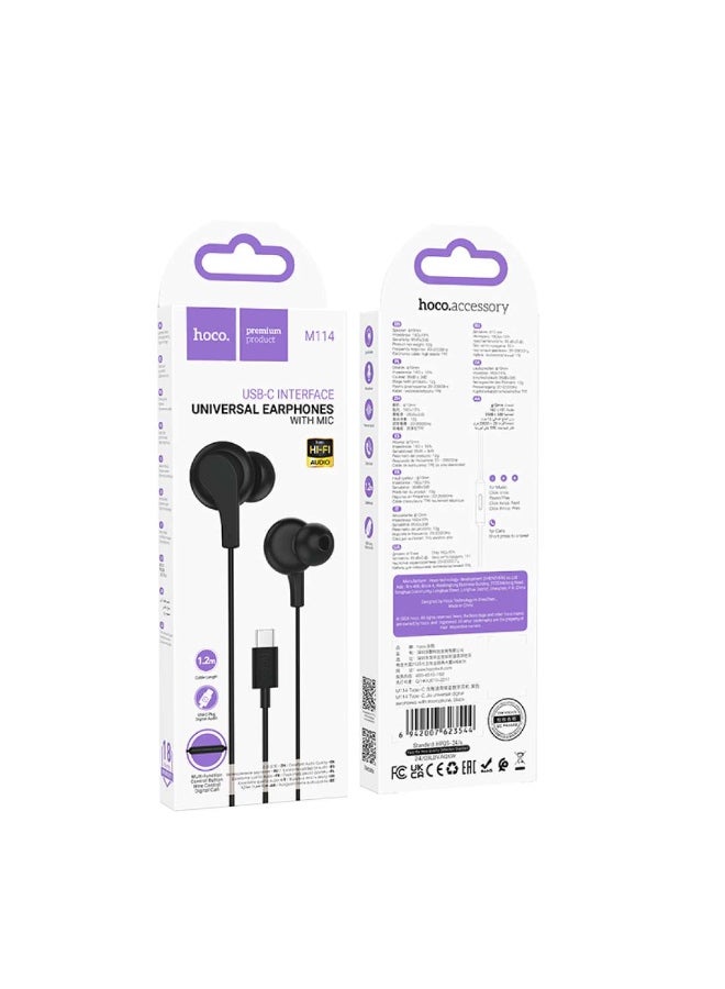 Hoco Type-C wired earphones M114 with mic - Image 1