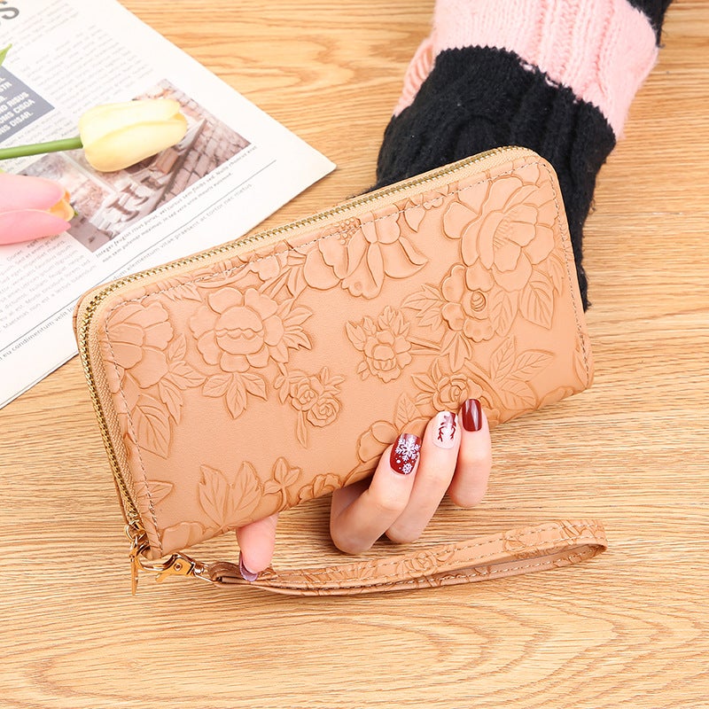 Embossed Zip Clutch Womens Oversized Wallet Camel 