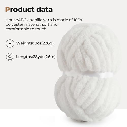 HouseABC Chunky Yarn for Hand Knitting Soft Jumbo Bulky Fluffy Chenille Yarn for Crocheting Blanket Scarf DIY 8 Pack (White, 28yds, 8 Ounces Each) - Image 3
