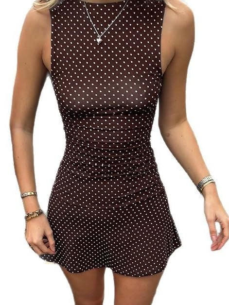 JOLILUNA Polka Dot Mini Dress for Women Sleeveless Round Neck Bodycon Flared Hem Casual Summer Outfit 2025 (Brown,Medium) - Image 1