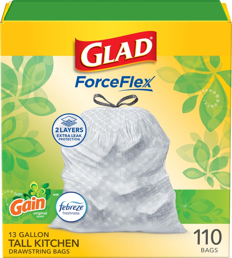 Glad ForceFlex Tall Kitchen Trash Bags, 13 Gal, Gain Original with Febreze, 110 Ct (Pack May Vary) - Image 1