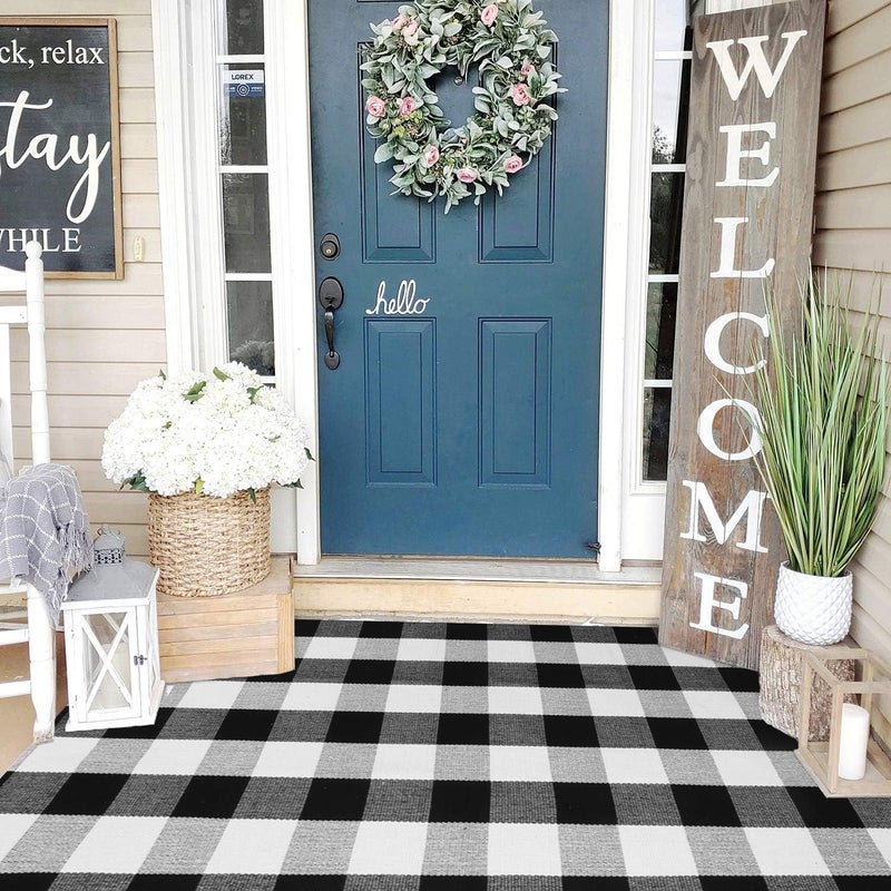 KIMODE Buffalo Plaid Outdoor Rug 3x5, Farmhouse Cotton Front Door Mat, Washable Black and White Checkered Rug Spring Outdoor Decor for Welcome Layered Door Mat Front Porch Entryway Kitchen - Image 1