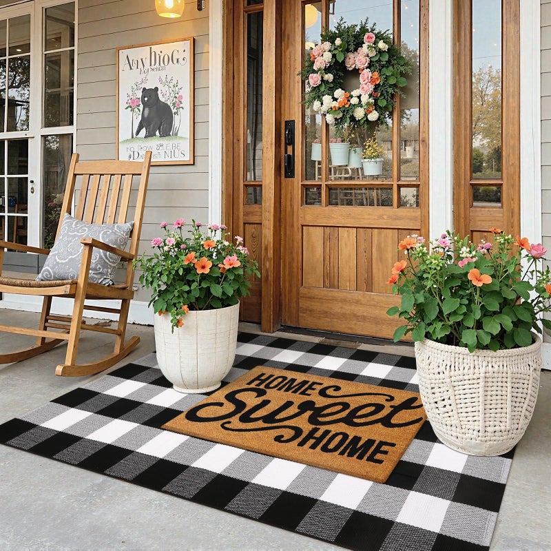 KIMODE Buffalo Plaid Outdoor Rug 3x5, Farmhouse Cotton Front Door Mat, Washable Black and White Checkered Rug Spring Outdoor Decor for Welcome Layered Door Mat Front Porch Entryway Kitchen - Image 2