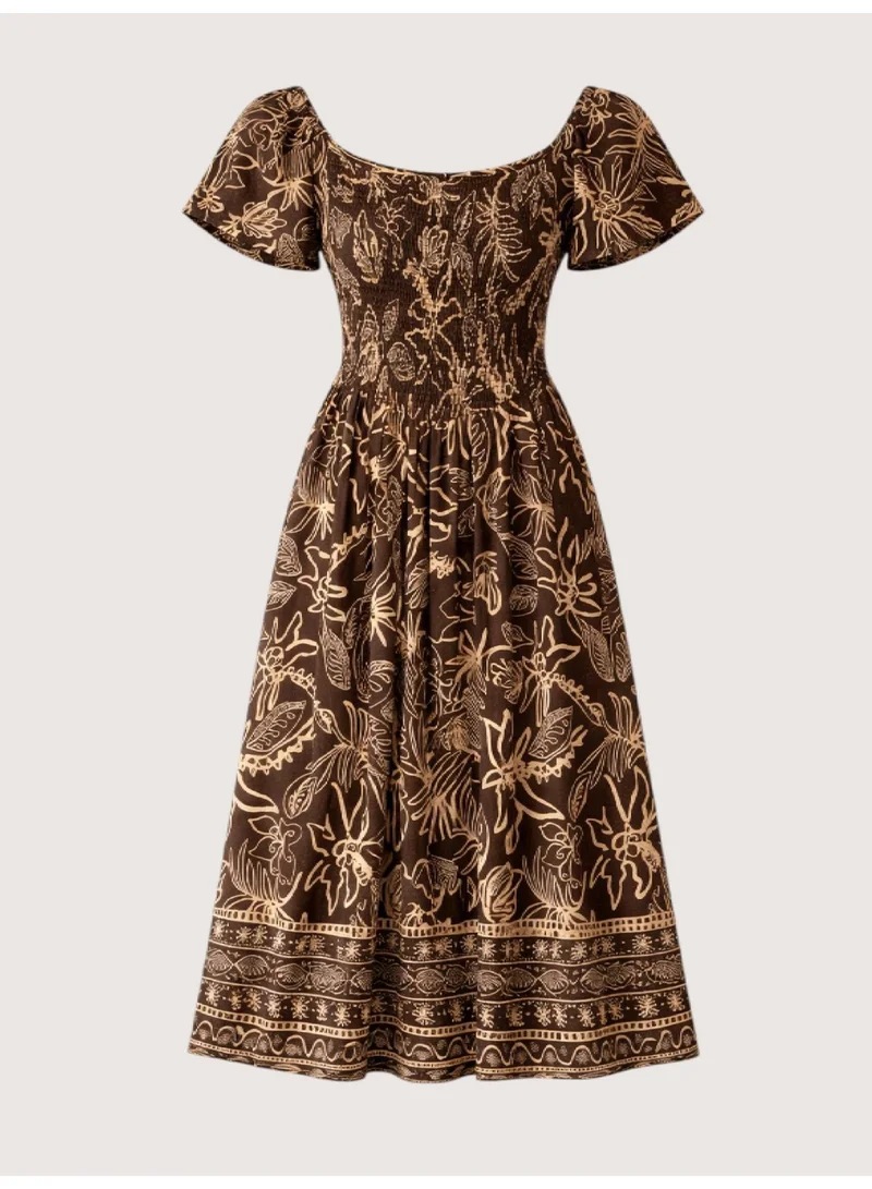 Victor And Jane  Printed Midi Dress with Square Neck for Women | Best Price UAE