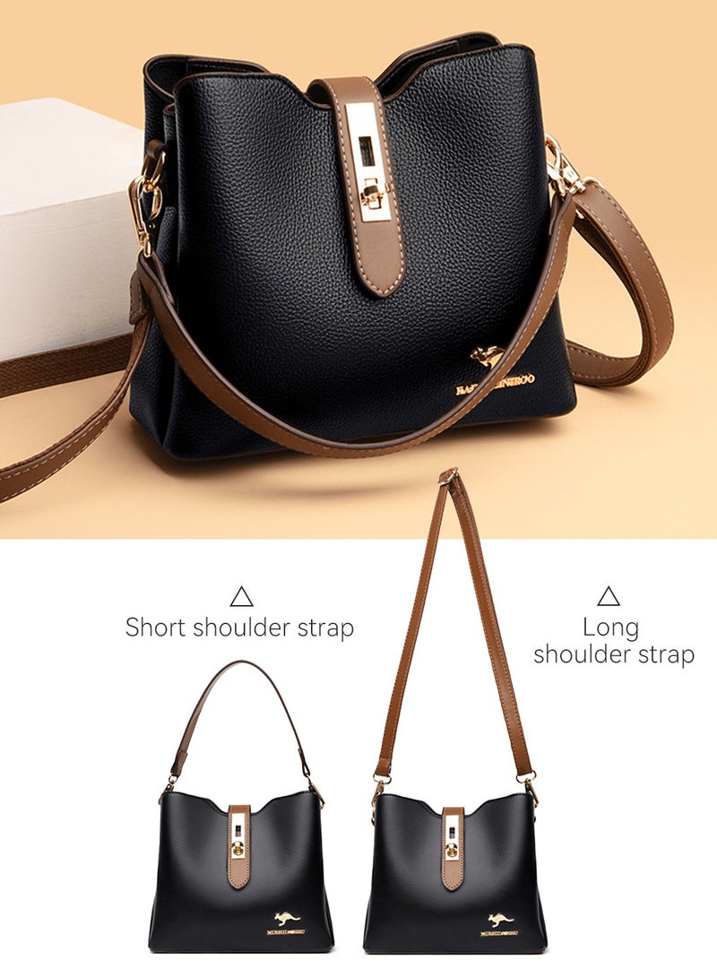 Moovant Premium Leather Women Shoulder Bag, Women's Handbag, Elegant Patent Leather Bag, Waterproof Tote Bag, Large Capacity Bucket Bag with 2 Shoulder Straps, Black  - Image 4