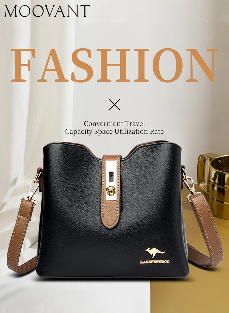 Moovant Premium Leather Women Shoulder Bag, Women's Handbag, Elegant Patent Leather Bag, Waterproof Tote Bag, Large Capacity Bucket Bag with 2 Shoulder Straps, Black  - Image 1