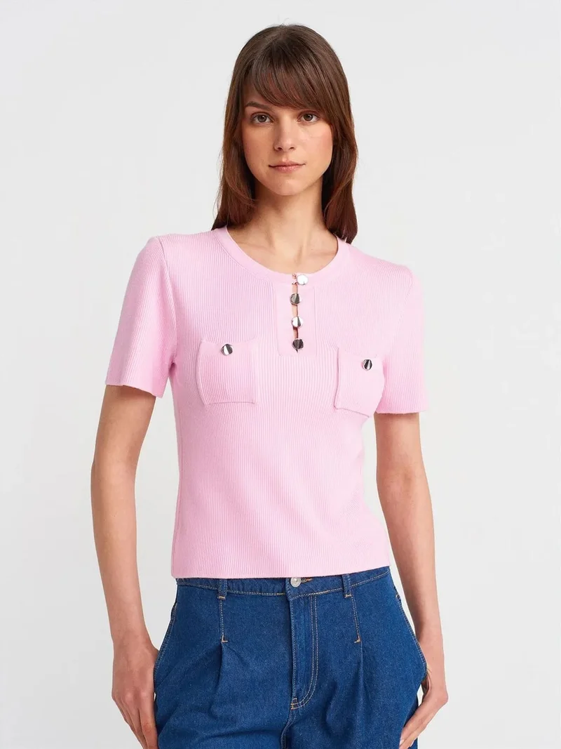 ديلفين Dilvin Ribbed Knit Button-Detail Blouse