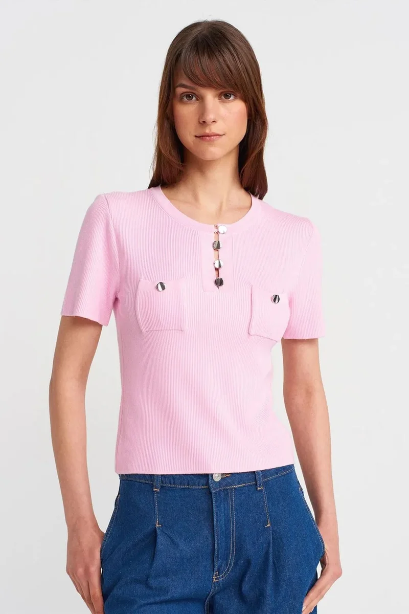 DILVIN Ribbed Knit Button-Detail Blouse