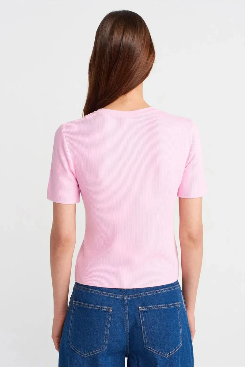 Dilvin Blush Pink DILVIN Ribbed Knit Button-Detail Blouse for Women | Best Price UAE