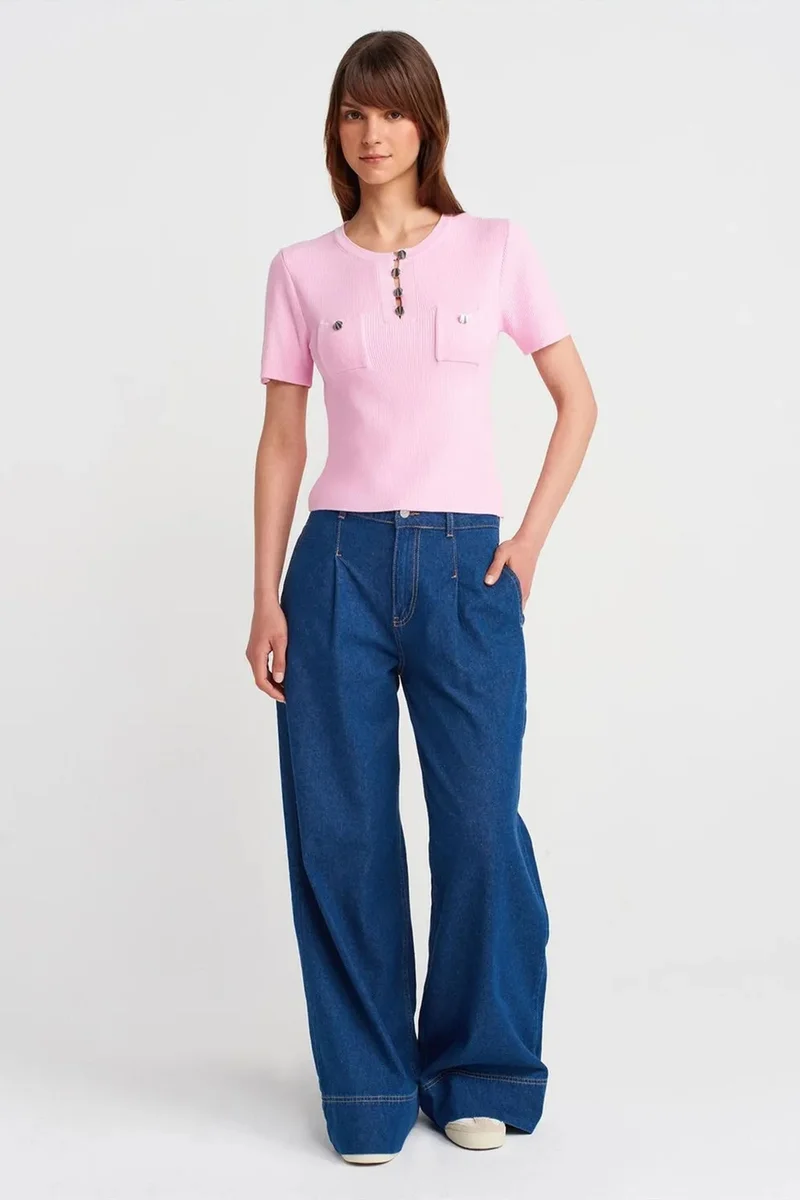Dilvin Blush Pink DILVIN Ribbed Knit Button-Detail Blouse for Women | Best Price UAE
