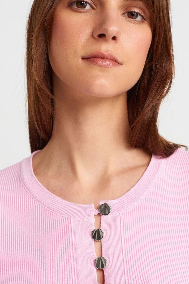 Dilvin Blush Pink DILVIN Ribbed Knit Button-Detail Blouse for Women | Best Price UAE