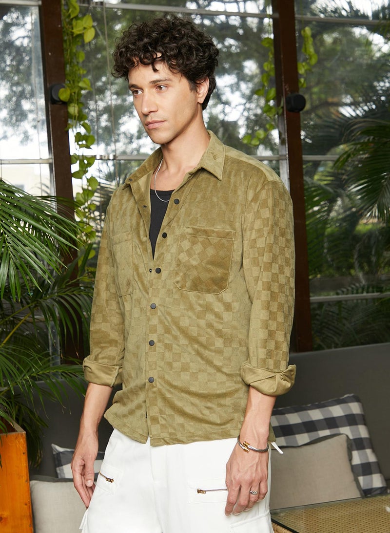 Campus Sutra Men's Olive Green Cubic Velvet Utility Shacket - Image 3