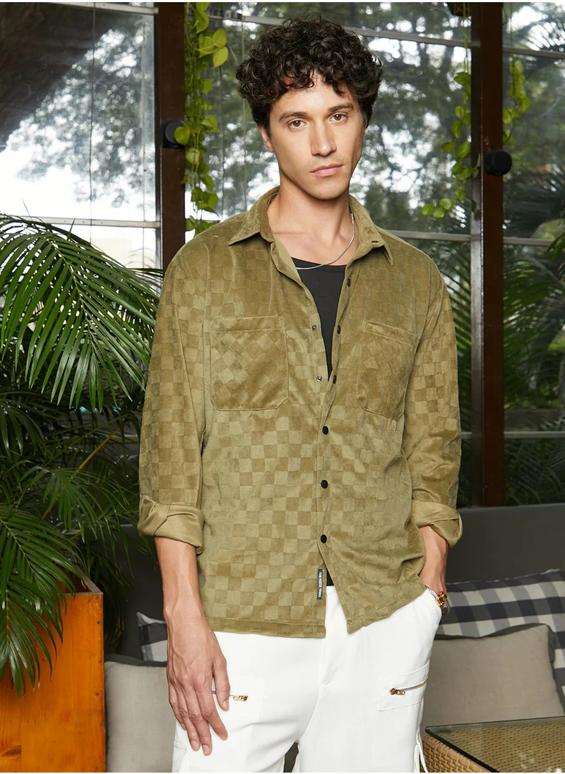 كامبوس سوترا Men's Olive Green Cubic Velvet Utility Shacket