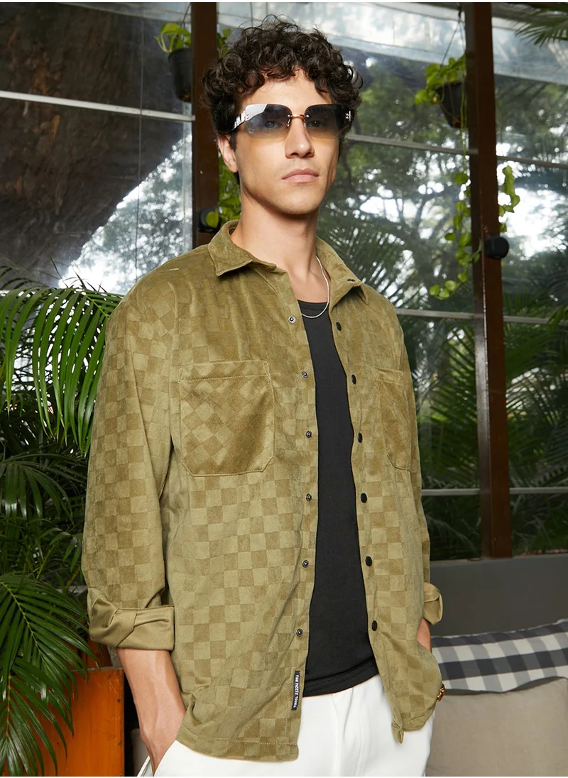 كامبوس سوترا Men's Olive Green Cubic Velvet Utility Shacket