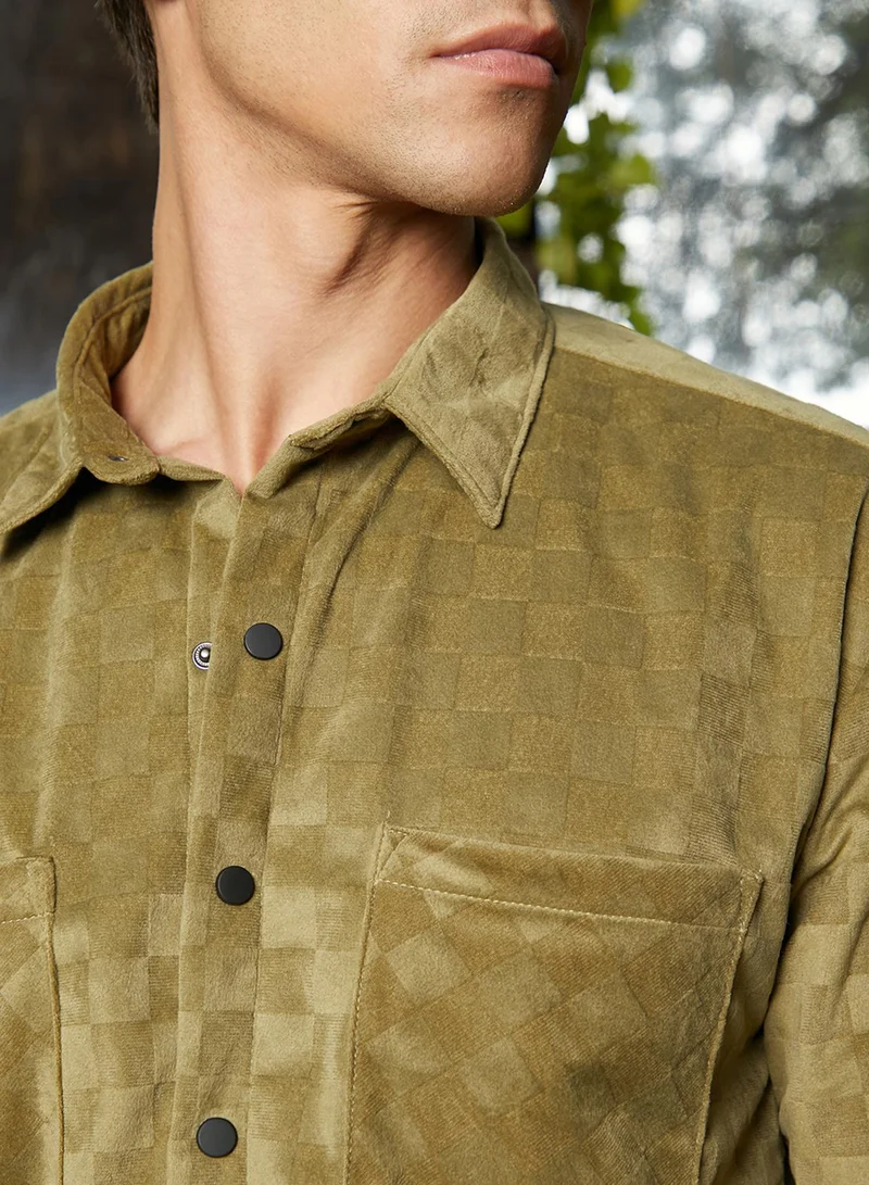 Campus Sutra Men's Olive Green Cubic Velvet Utility Shacket