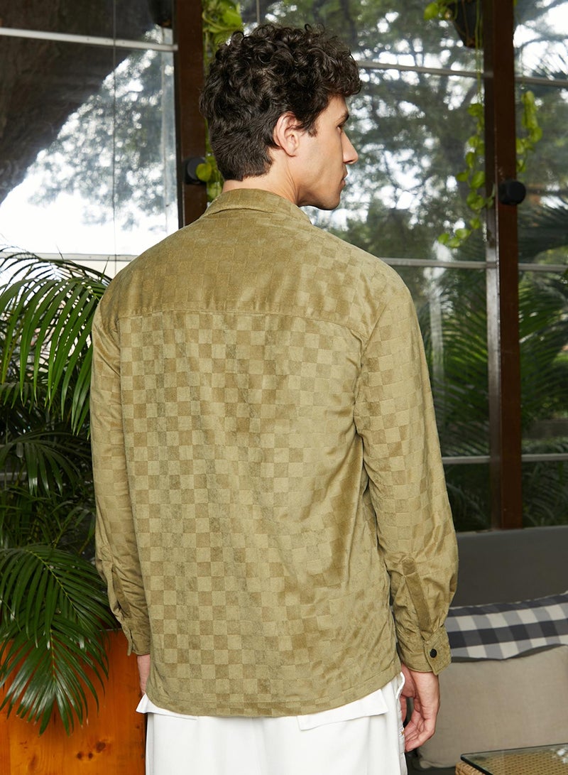Campus Sutra Men's Olive Green Cubic Velvet Utility Shacket - Image 5