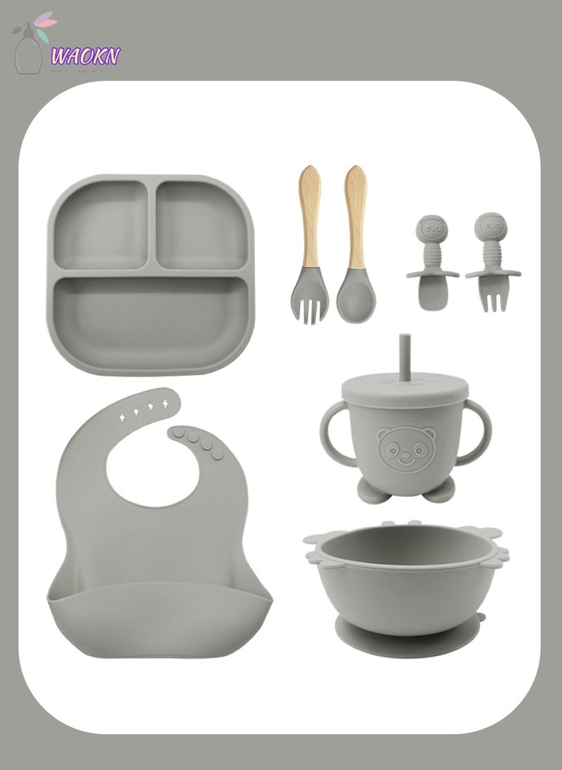 WAOKN 8Pcs Baby Silicone Tableware Set Special For Infants To Eat Their Own Training Tableware Set Including Complementary Food Bowl Sippy Cup Dinner Plate Bib Fork And Spoon(Smoke Grey)  - Image 1