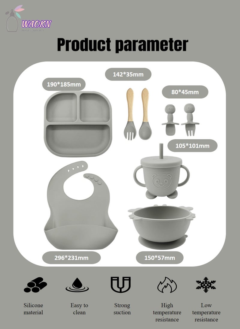 WAOKN 8Pcs Baby Silicone Tableware Set Special For Infants To Eat Their Own Training Tableware Set Including Complementary Food Bowl Sippy Cup Dinner Plate Bib Fork And Spoon(Smoke Grey)  - Image 2