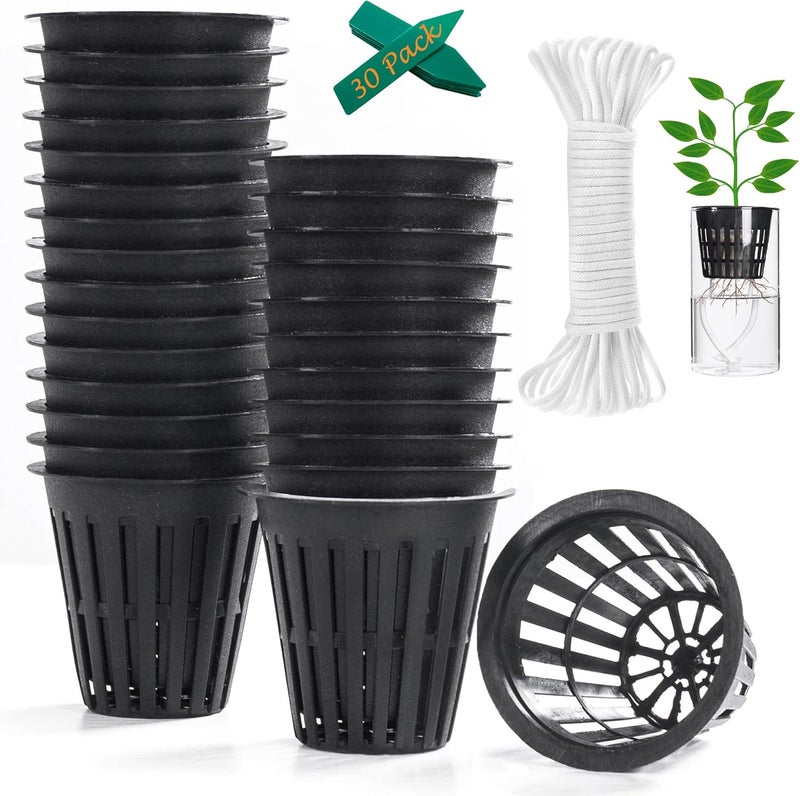 ORIMERC 2 inch Net Cups Pots 30 Pack with 30 feet Self Watering Wick & 30 Plant Labels for Hydroponics Aquaponics Planter Indoor Outdoor Growing Baskets Slotted Mesh UV Resistant & BPA Free - Image 1