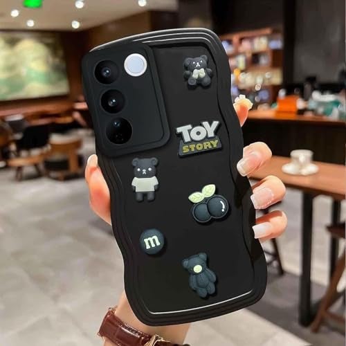 KC Back Cover for Vivo V27 5G & Vivo V27 Pro 5G, 3D Cute Curly Wave Cartoon Characters and Cherry Shockproof Soft Bumper Silicone Case with Camera Protection (Black) - Image 4