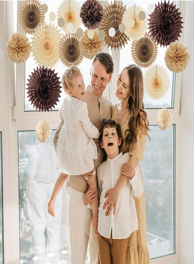 FETETIJD Brown Party Decorations Brown and Beige Paper Fans Party Decorations Neutral Party Decorations Honeycomb Balls Beige Rustic Birthday Wedding Boho Baby Shower Brown Engagement Party Decorations - Image 2